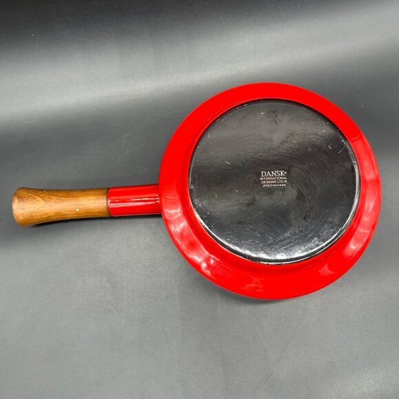 Vintage Fondue Pot Saucepan Dansk Kobenstyle Red Enamel Teak Wood No Lid - Picture 7 of 12